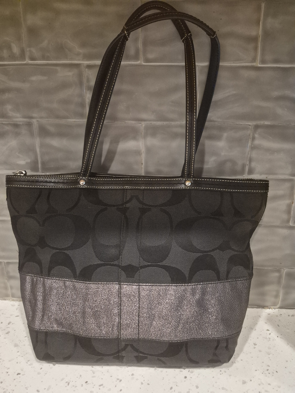 Coach Black Signature Tote with Metallic Gray Accent
